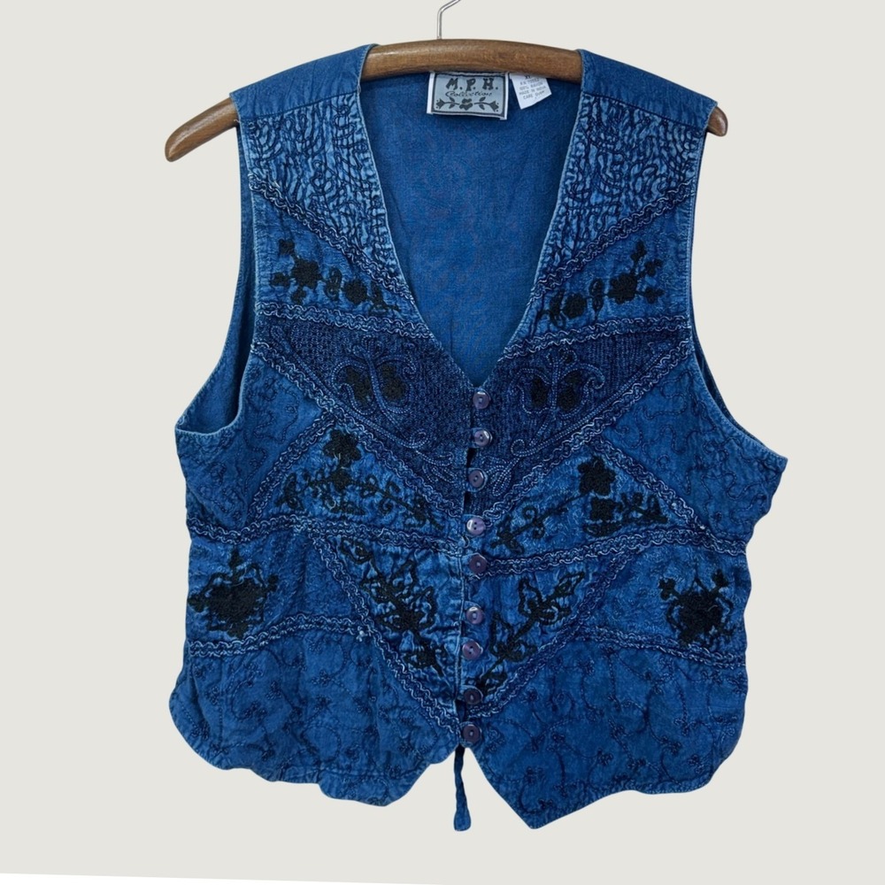 M.P.H. Collection Embroidered Vest XL Blue Boho Rayon Button Front Waistcoat
